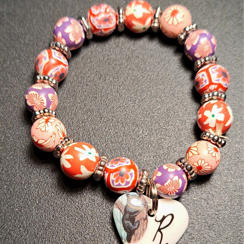 Multicolor FIMO Floral Beaded Stretch Charm Bracelet, Acrylic Heart "R" Charm